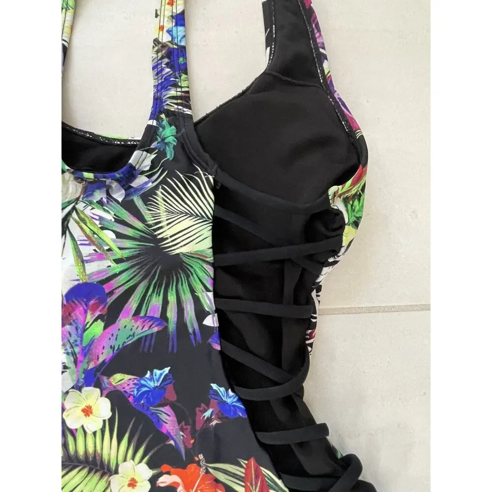 Tinibikini Swim Tropical Floral One Piece Swimsuit Strappy Sides